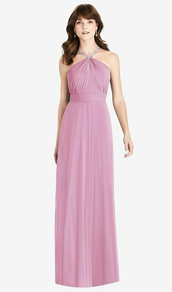 Front View - Powder Pink Jeweled Twist Halter Maxi Dress