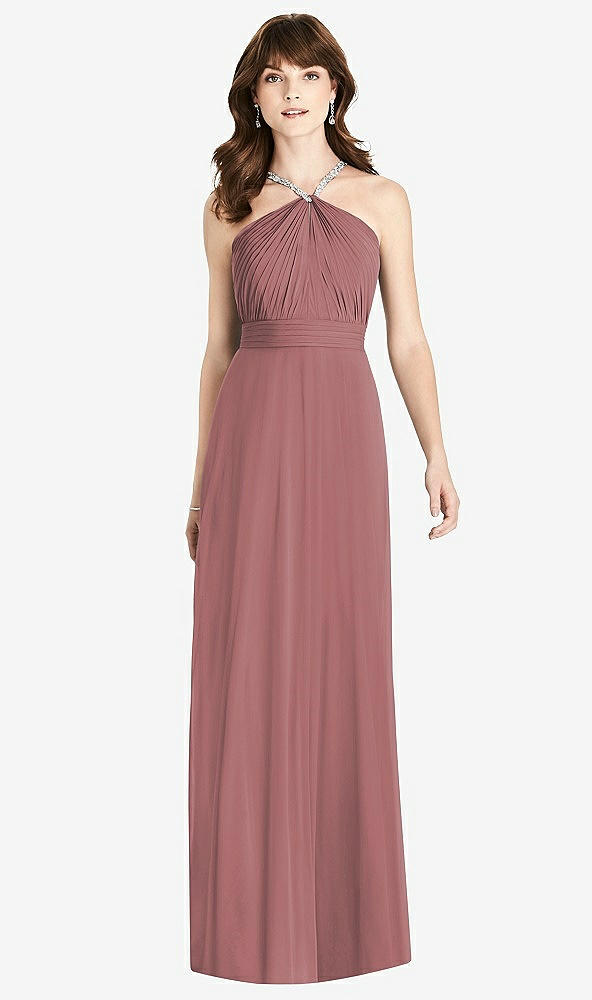 Front View - Rosewood Jeweled Twist Halter Maxi Dress