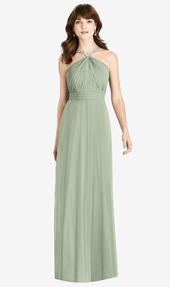 Front View - Sage Jeweled Twist Halter Maxi Dress