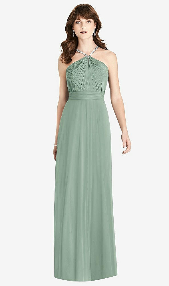 Front View - Seagrass Jeweled Twist Halter Maxi Dress