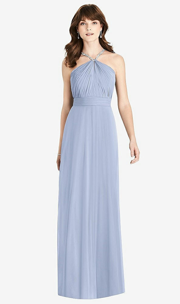 Front View - Sky Blue Jeweled Twist Halter Maxi Dress