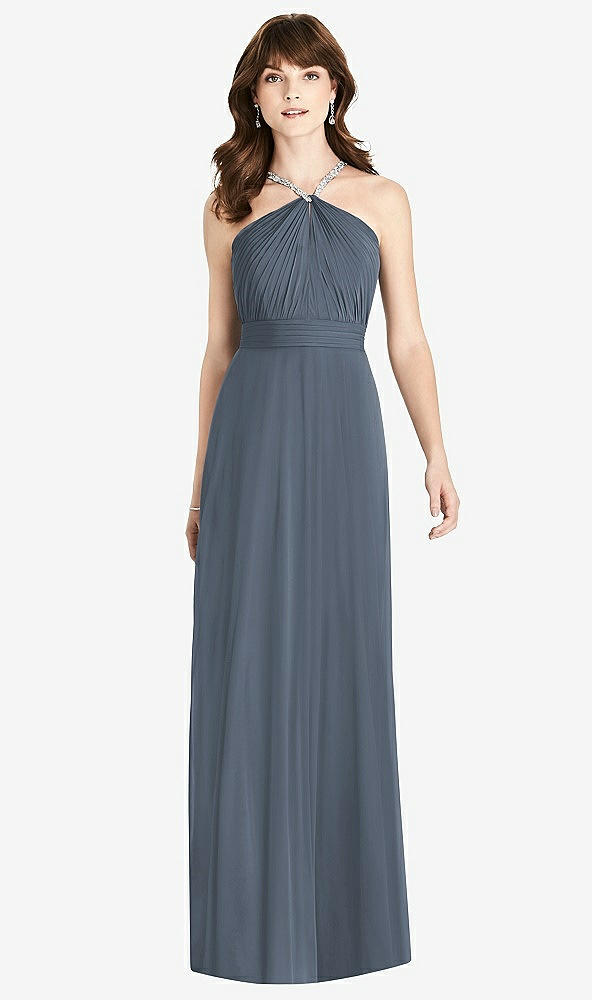 Front View - Silverstone Jeweled Twist Halter Maxi Dress