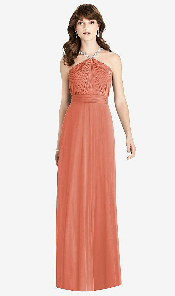 Front View - Terracotta Copper Jeweled Twist Halter Maxi Dress