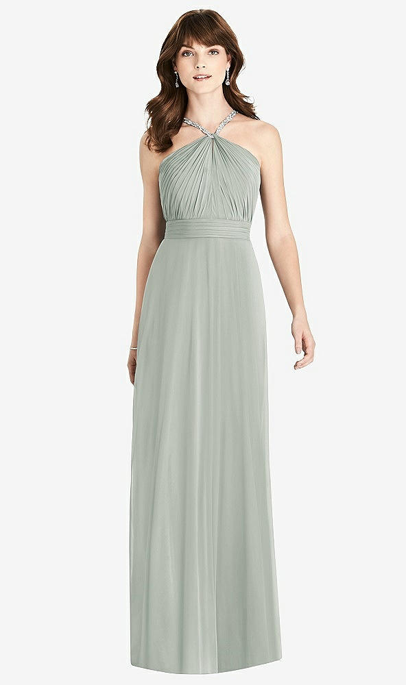 Front View - Willow Green Jeweled Twist Halter Maxi Dress