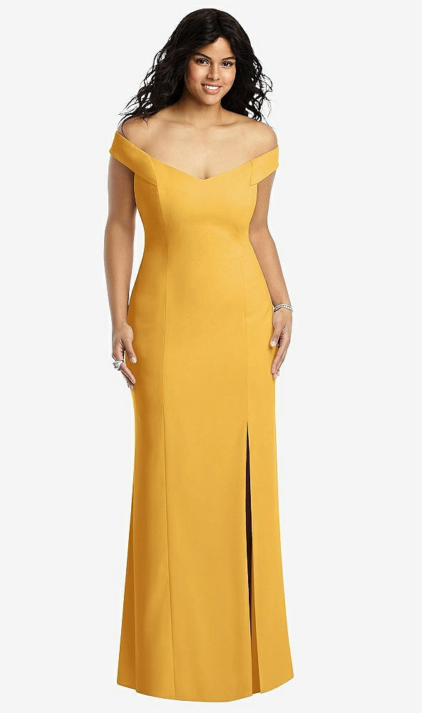 Front View - NYC Yellow Off-the-Shoulder Criss Cross Back Trumpet Gown