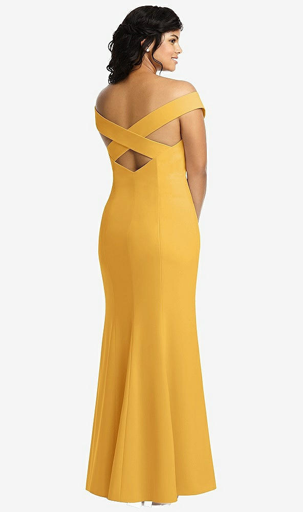 Back View - NYC Yellow Off-the-Shoulder Criss Cross Back Trumpet Gown