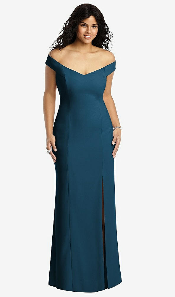 Front View - Atlantic Blue Off-the-Shoulder Criss Cross Back Trumpet Gown