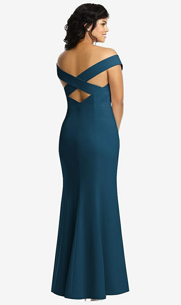 Back View - Atlantic Blue Off-the-Shoulder Criss Cross Back Trumpet Gown