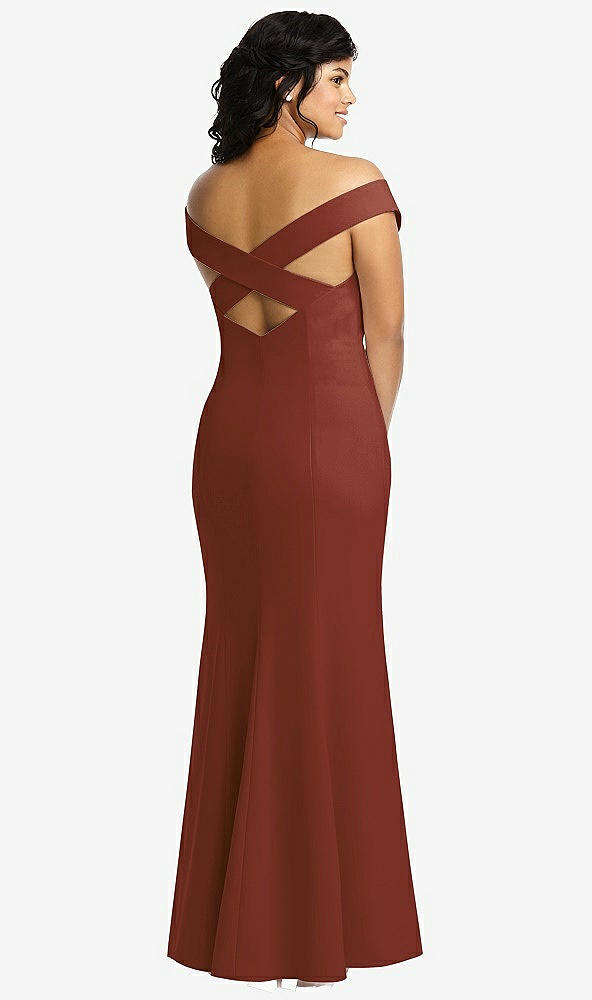 Back View - Auburn Moon Off-the-Shoulder Criss Cross Back Trumpet Gown