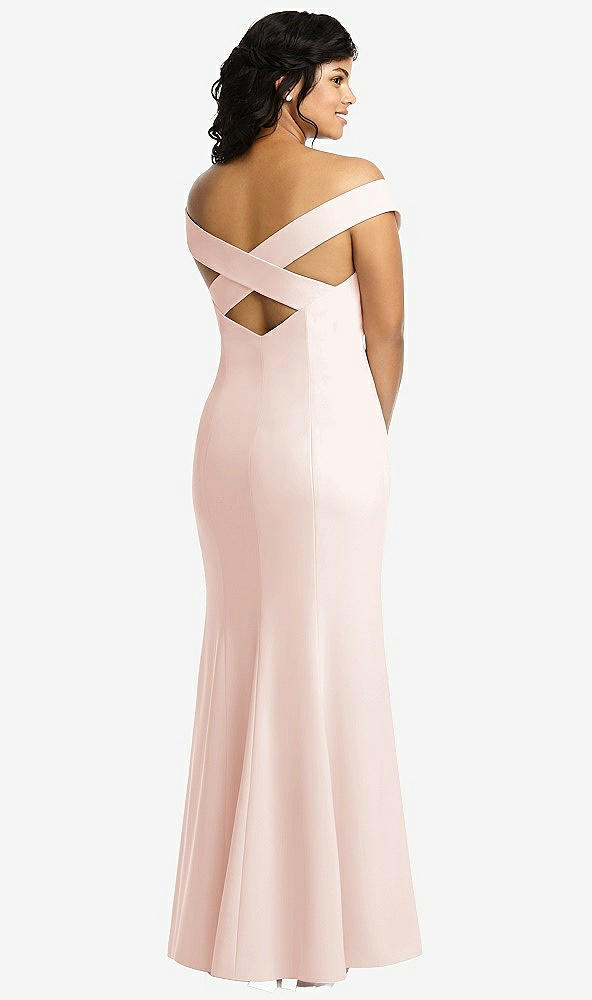 Back View - Blush Off-the-Shoulder Criss Cross Back Trumpet Gown