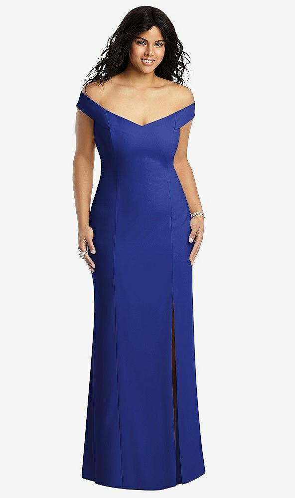 Front View - Cobalt Blue Off-the-Shoulder Criss Cross Back Trumpet Gown