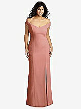 Front View Thumbnail - Desert Rose Off-the-Shoulder Criss Cross Back Trumpet Gown