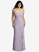 Front View Thumbnail - Lilac Haze Off-the-Shoulder Criss Cross Back Trumpet Gown