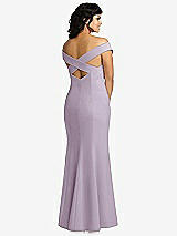 Rear View Thumbnail - Lilac Haze Off-the-Shoulder Criss Cross Back Trumpet Gown