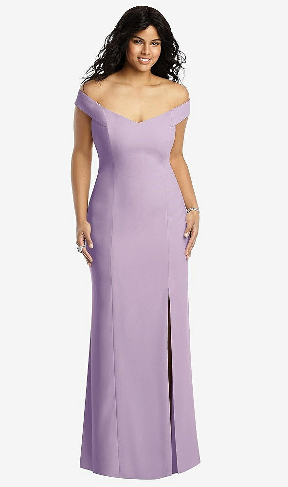 Front View - Pale Purple Off-the-Shoulder Criss Cross Back Trumpet Gown