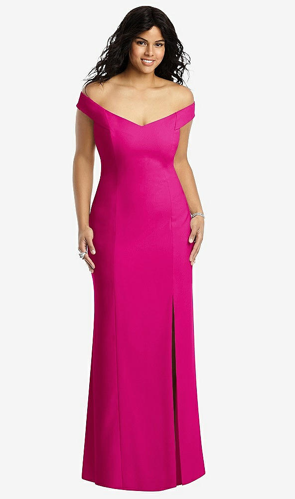 Front View - Think Pink Off-the-Shoulder Criss Cross Back Trumpet Gown