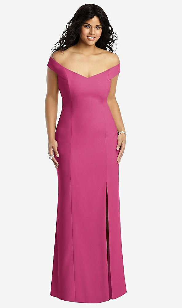 Front View - Tea Rose Off-the-Shoulder Criss Cross Back Trumpet Gown