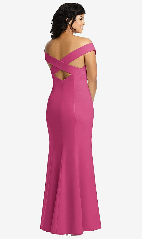 Back View - Tea Rose Off-the-Shoulder Criss Cross Back Trumpet Gown