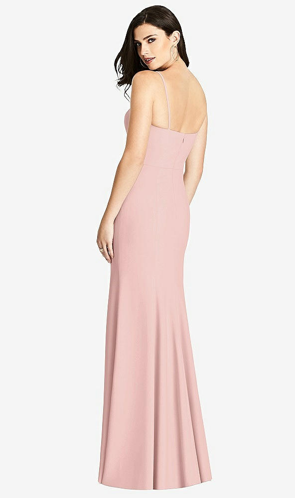 Back View - Rose - PANTONE Rose Quartz Seamed Bodice Crepe Trumpet Gown with Front Slit