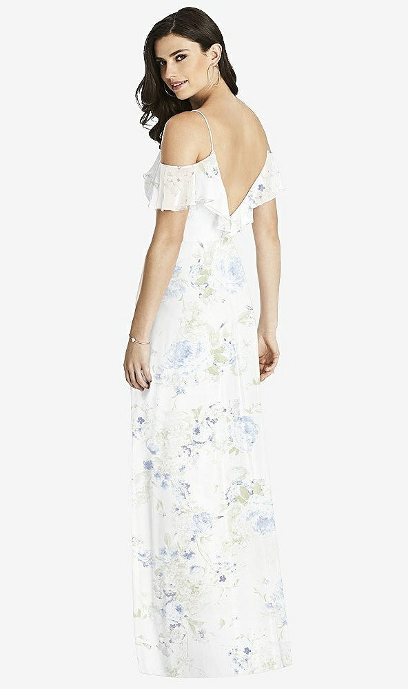 Back View - Bleu Garden Ruffled Cold-Shoulder Chiffon Maxi Dress