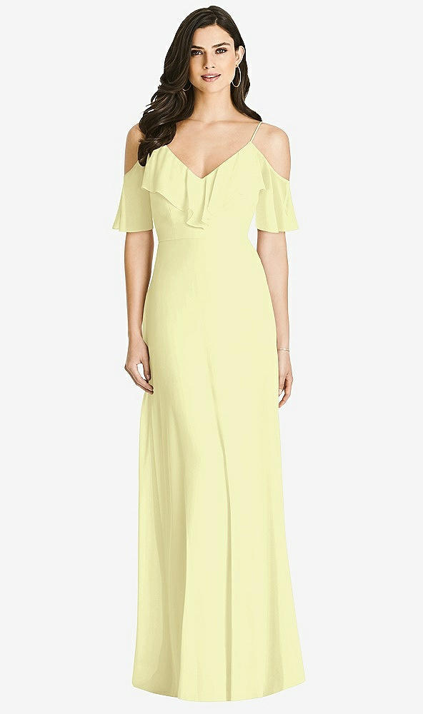 Front View - Butter Yellow Ruffled Cold-Shoulder Chiffon Maxi Dress