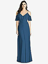 Front View Thumbnail - Dusk Blue Ruffled Cold-Shoulder Chiffon Maxi Dress