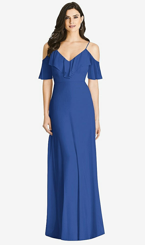 Front View - Classic Blue Ruffled Cold-Shoulder Chiffon Maxi Dress