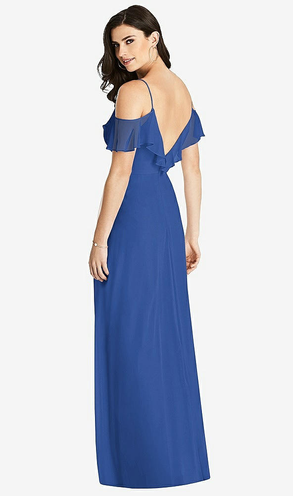 Back View - Classic Blue Ruffled Cold-Shoulder Chiffon Maxi Dress