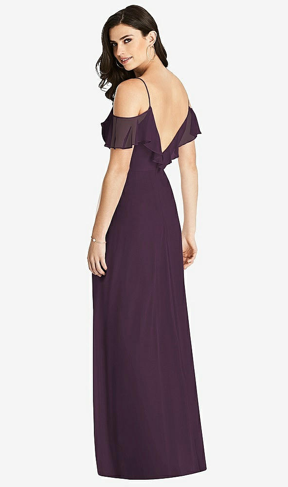 Back View - Aubergine Ruffled Cold-Shoulder Chiffon Maxi Dress