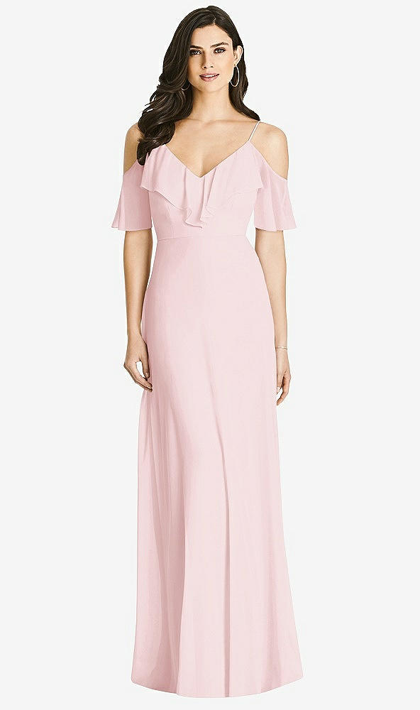 Front View - Ballet Pink Ruffled Cold-Shoulder Chiffon Maxi Dress