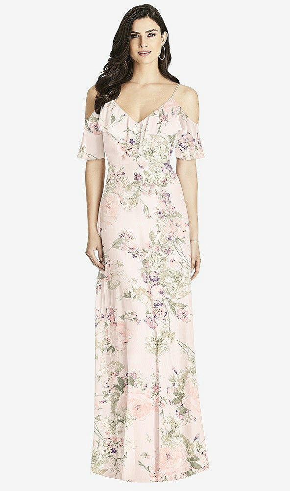 Front View - Blush Garden Ruffled Cold-Shoulder Chiffon Maxi Dress