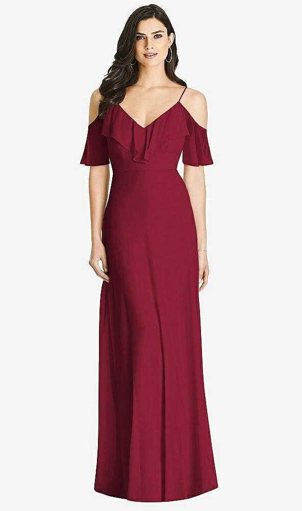 Front View - Burgundy Ruffled Cold-Shoulder Chiffon Maxi Dress