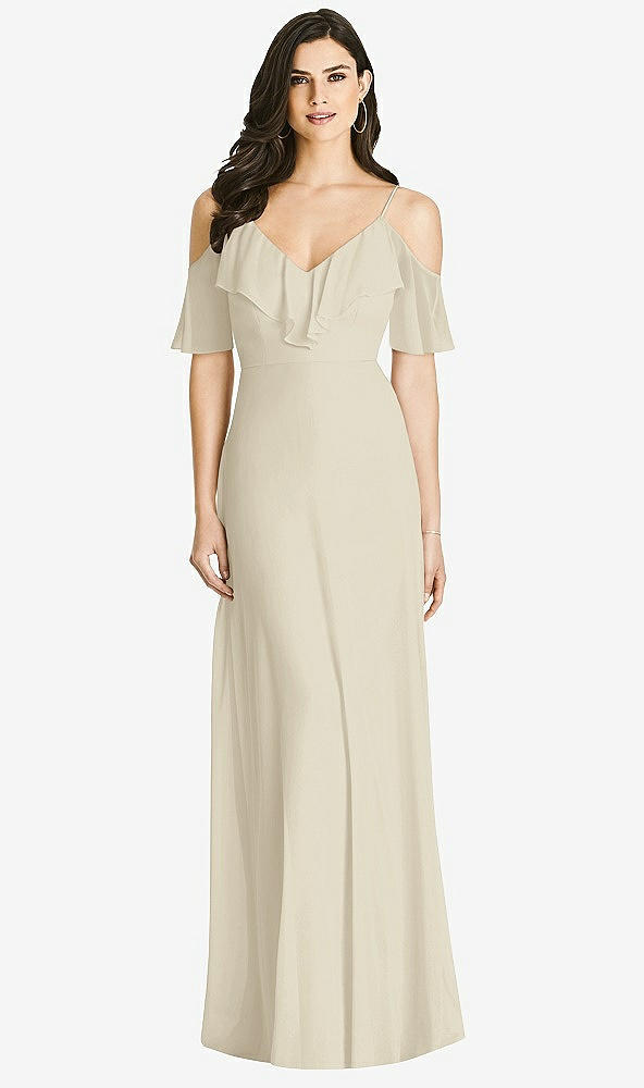 Front View - Champagne Ruffled Cold-Shoulder Chiffon Maxi Dress