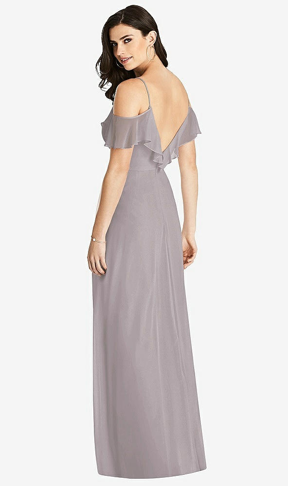 Back View - Cashmere Gray Ruffled Cold-Shoulder Chiffon Maxi Dress