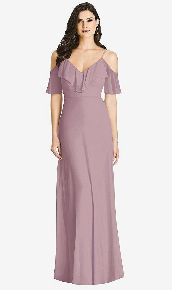 Front View - Dusty Rose Ruffled Cold-Shoulder Chiffon Maxi Dress