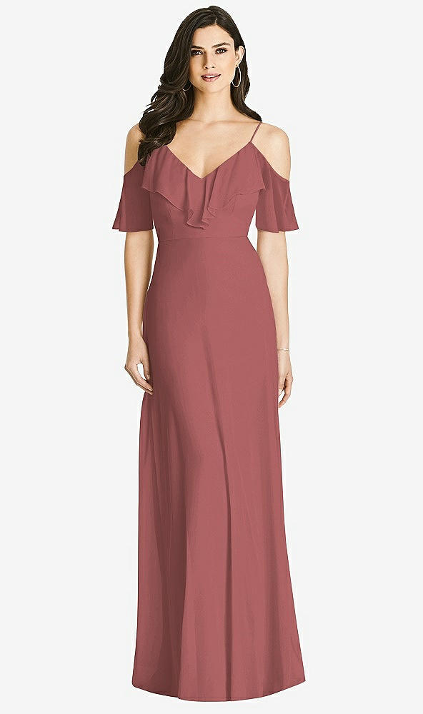 Front View - English Rose Ruffled Cold-Shoulder Chiffon Maxi Dress