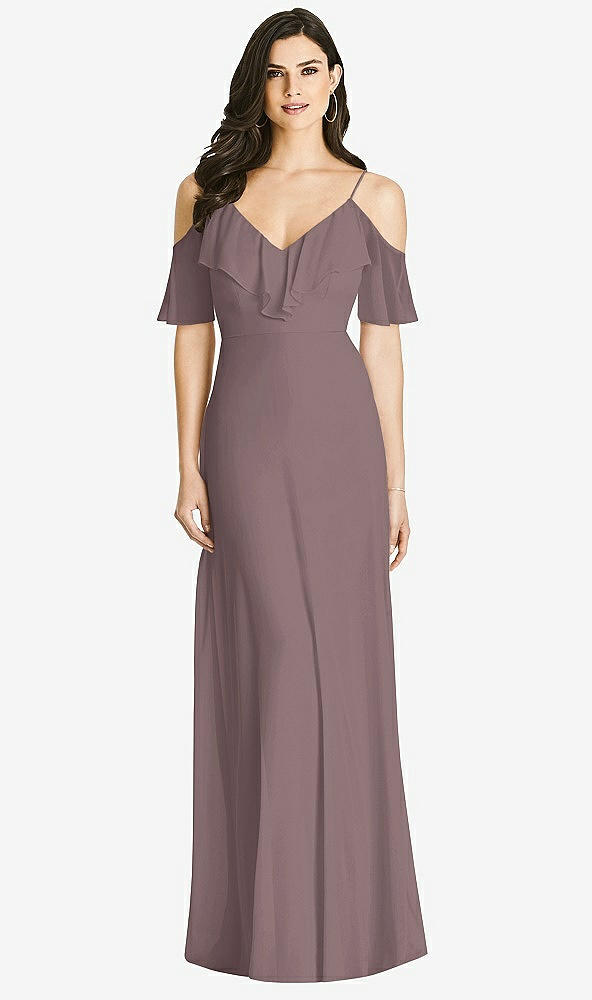 Front View - French Truffle Ruffled Cold-Shoulder Chiffon Maxi Dress