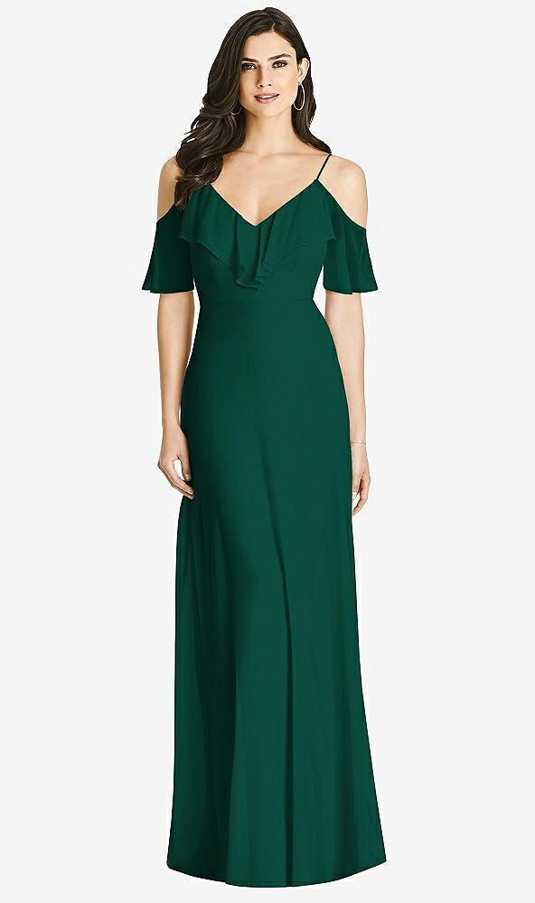 Front View - Hunter Green Ruffled Cold-Shoulder Chiffon Maxi Dress