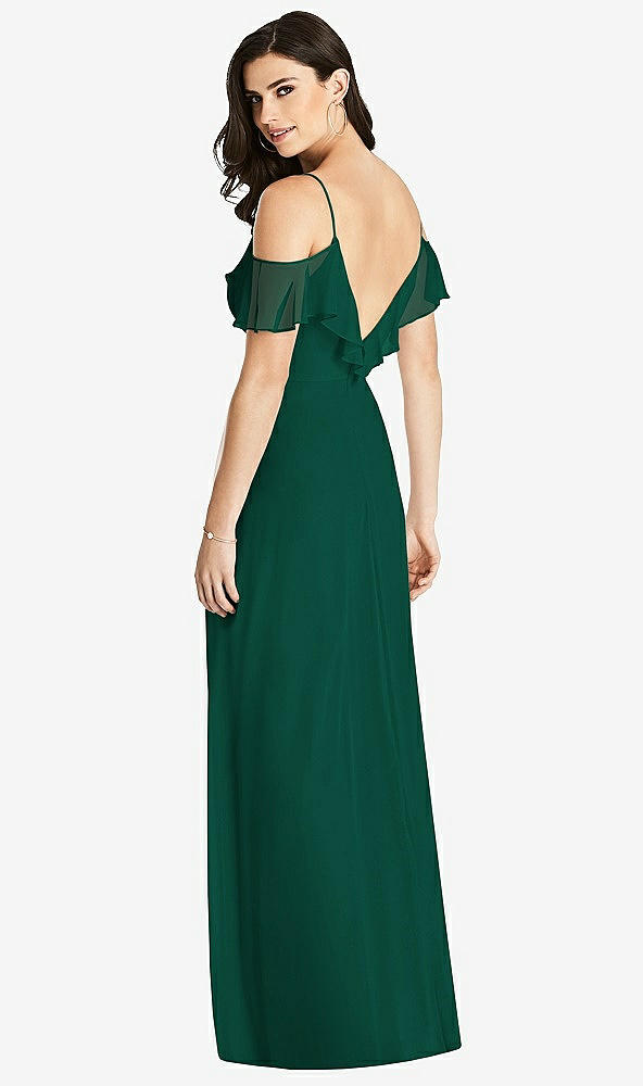 Back View - Hunter Green Ruffled Cold-Shoulder Chiffon Maxi Dress