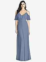 Front View Thumbnail - Larkspur Blue Ruffled Cold-Shoulder Chiffon Maxi Dress