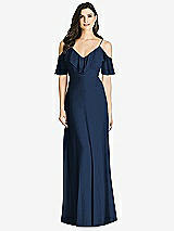 Front View Thumbnail - Midnight Navy Ruffled Cold-Shoulder Chiffon Maxi Dress