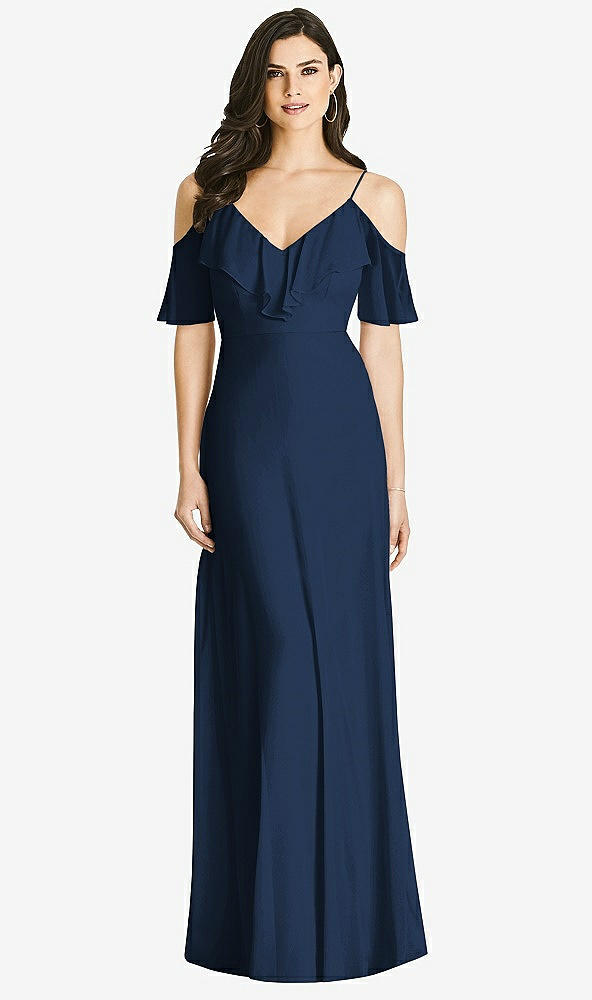 Front View - Midnight Navy Ruffled Cold-Shoulder Chiffon Maxi Dress