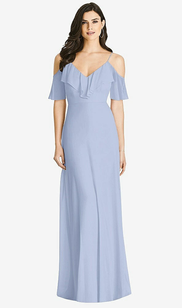 Front View - Sky Blue Ruffled Cold-Shoulder Chiffon Maxi Dress