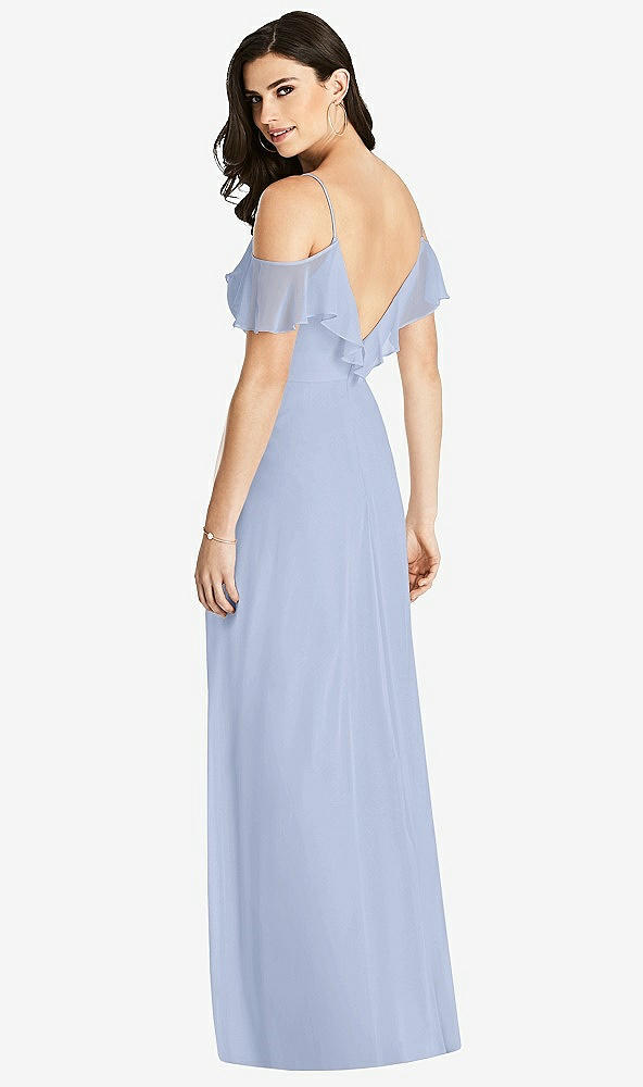 Back View - Sky Blue Ruffled Cold-Shoulder Chiffon Maxi Dress