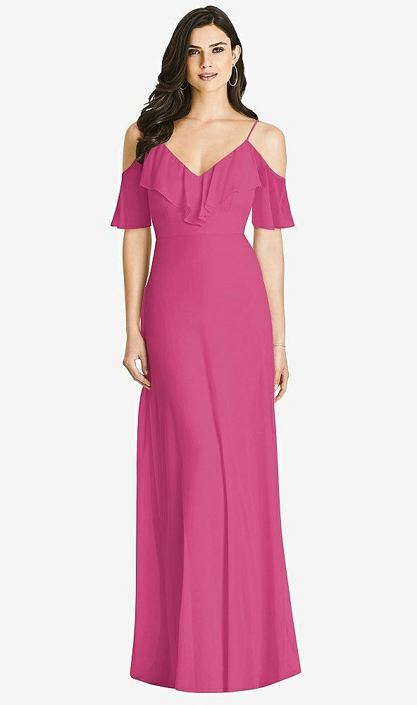 Front View - Tea Rose Ruffled Cold-Shoulder Chiffon Maxi Dress