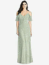 Front View Thumbnail - Vintage Primrose Sage Ruffled Cold-Shoulder Chiffon Maxi Dress