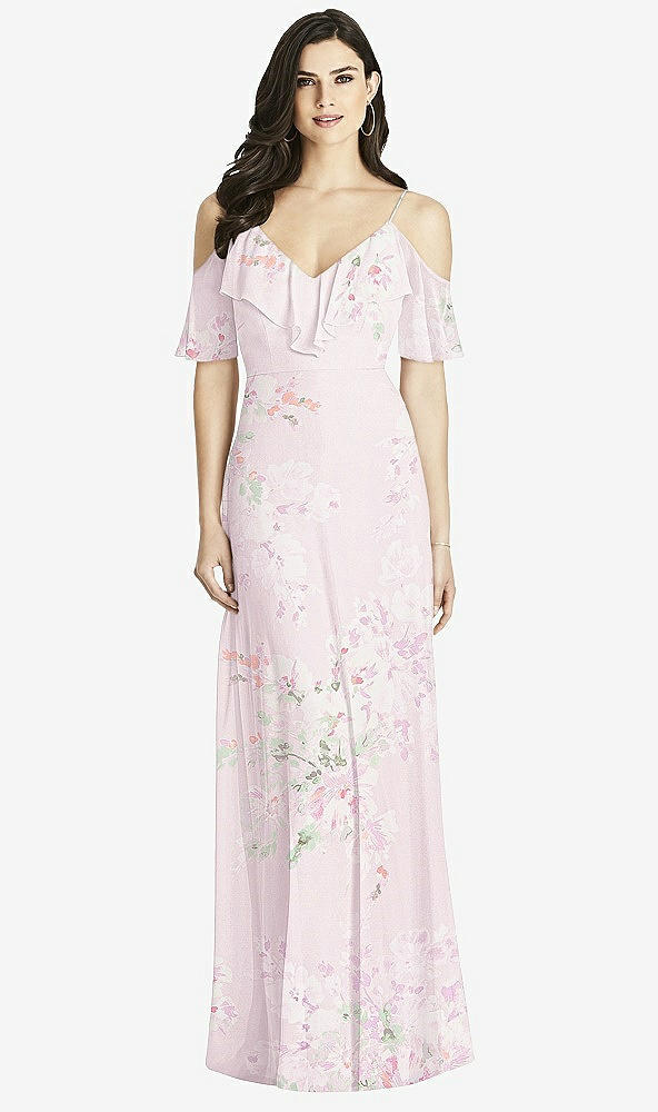 Front View - Watercolor Print Ruffled Cold-Shoulder Chiffon Maxi Dress