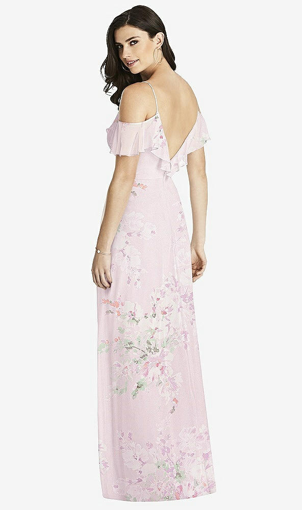 Back View - Watercolor Print Ruffled Cold-Shoulder Chiffon Maxi Dress