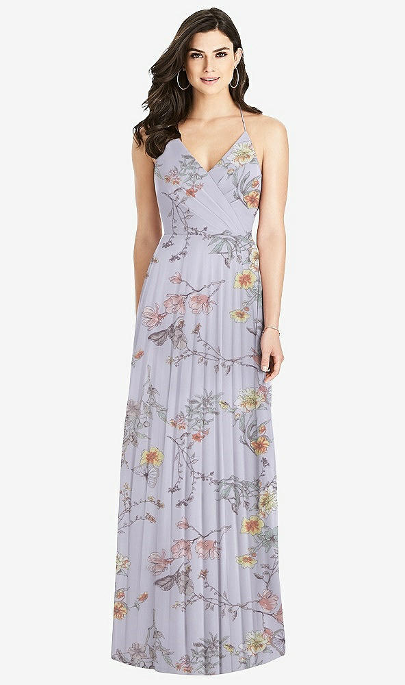 Back View - Butterfly Botanica Silver Dove Ruffled Strap Cutout Wrap Maxi Dress