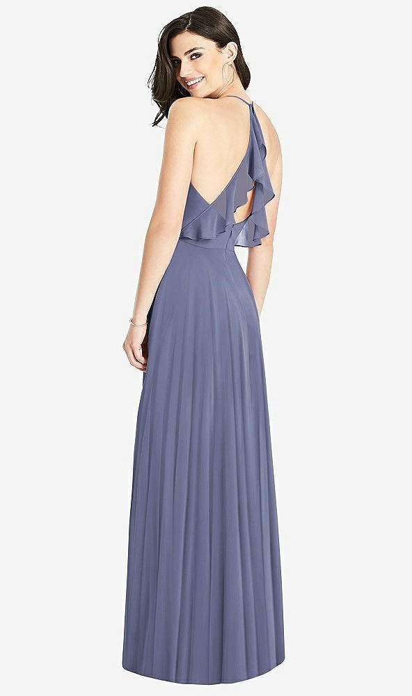 Front View - French Blue Ruffled Strap Cutout Wrap Maxi Dress